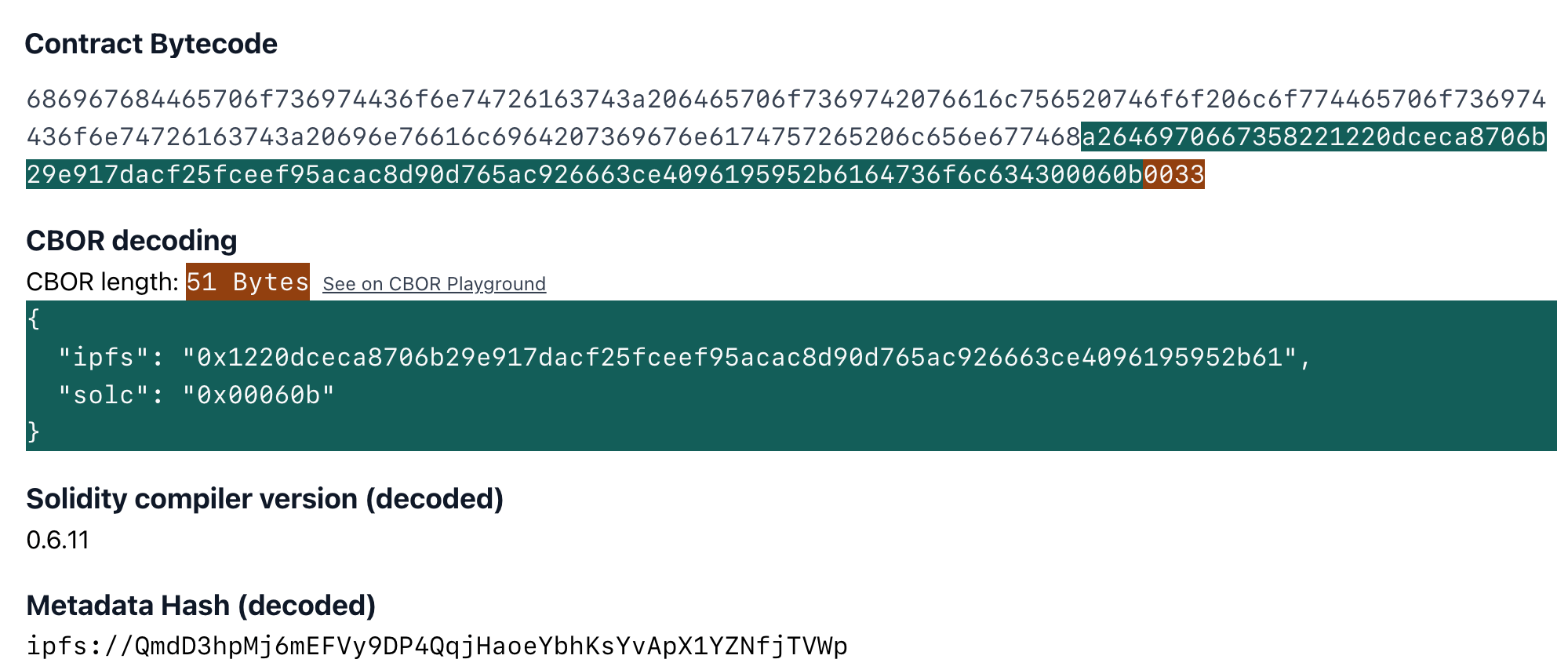 Decoding of the auxdata appended to the bytecode